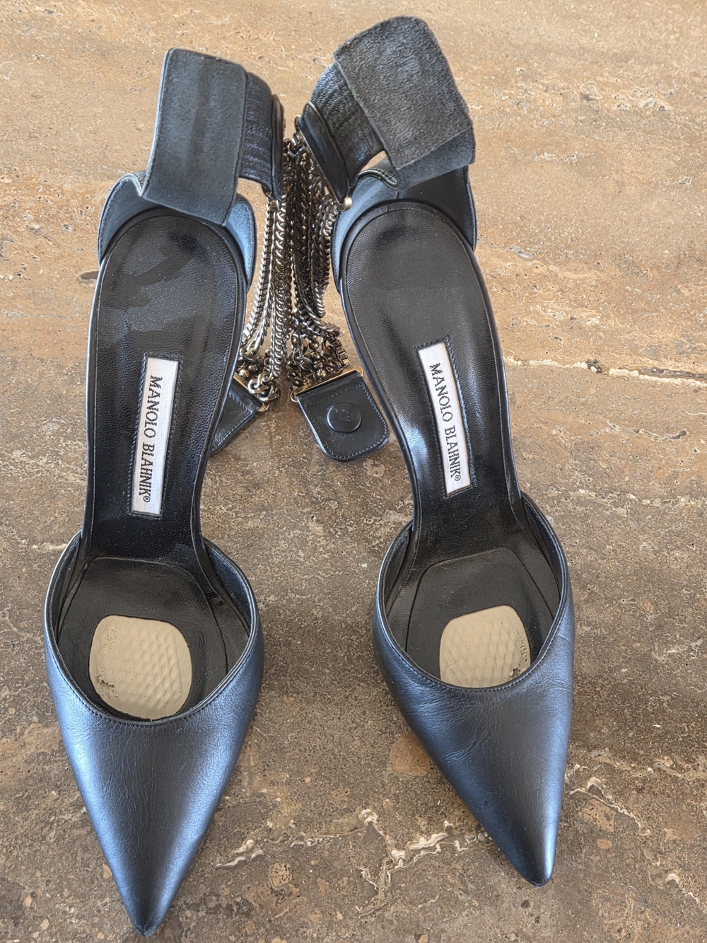 Manolo Blahnik Black Leather Pointed-Toe Chain-Ankle Pumps with Silver Chain